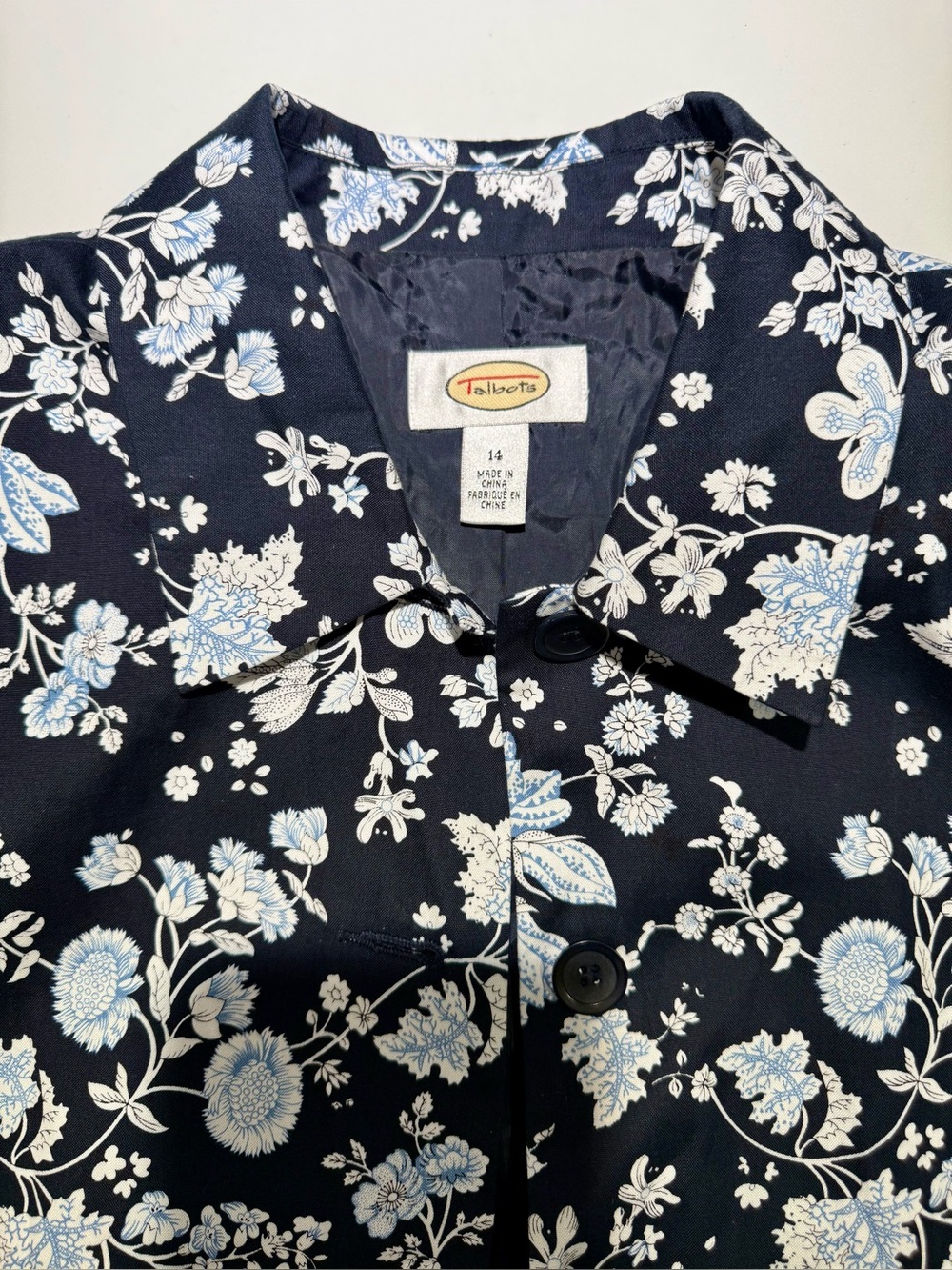 TALBOTS Collared Summer Jacket, Flowered Navy/White, Size 14